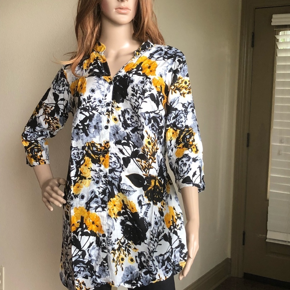 Bohemian Indian Floral Print Long Tunic Blouse - Picture 2 of 8